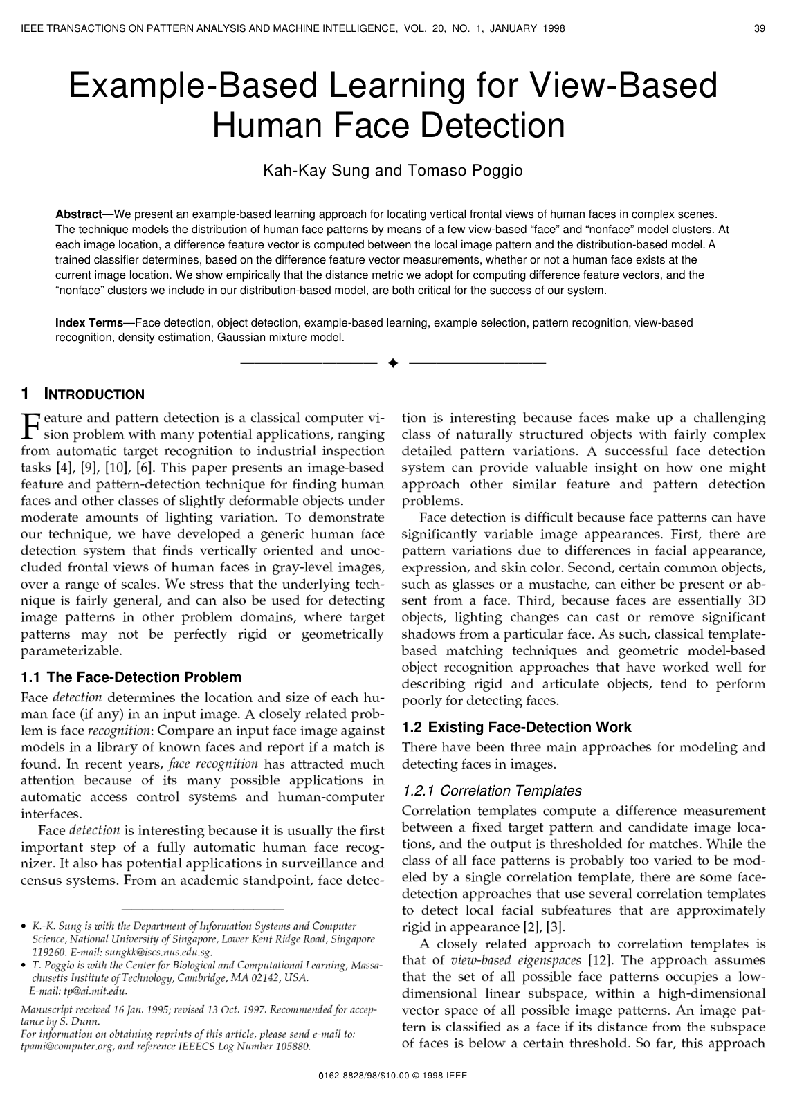 Cover for Example-Based Learning for View-Based Human Face Detection