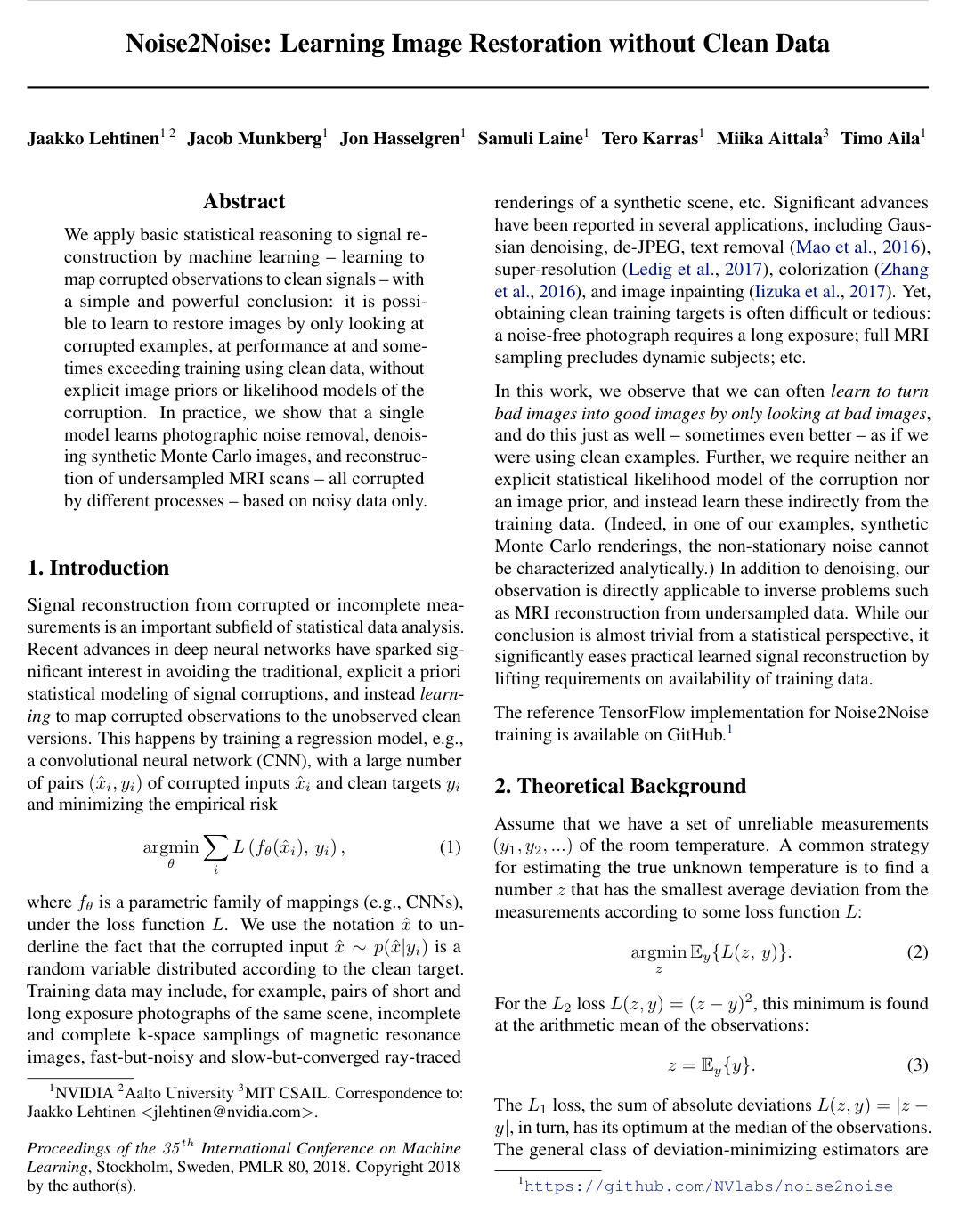 Noise2Noise: Learning Image Restoration without Clean Data