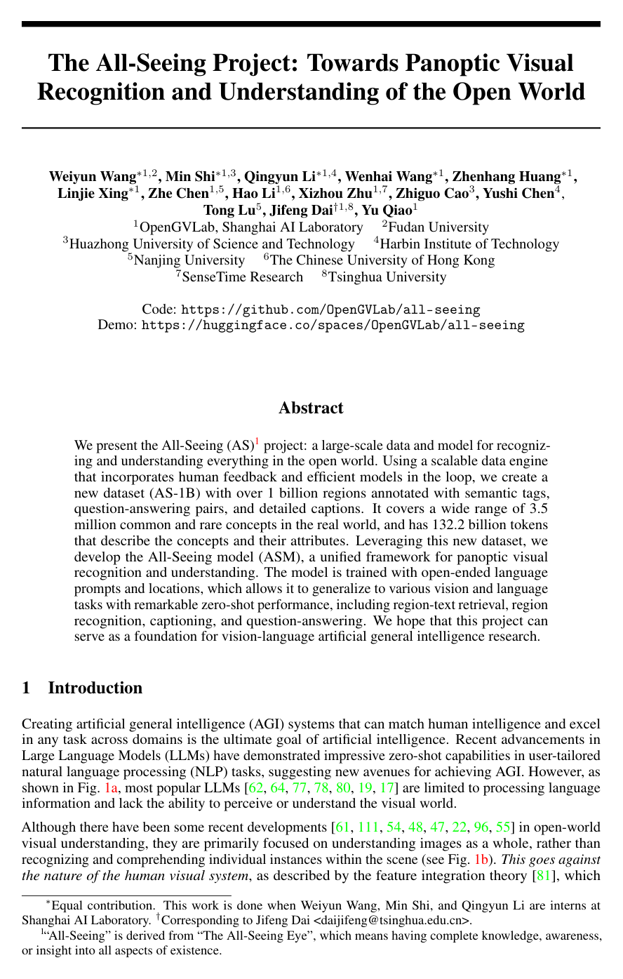 The All-Seeing Project: Towards Panoptic Visual Recognition and Understanding of the Open World