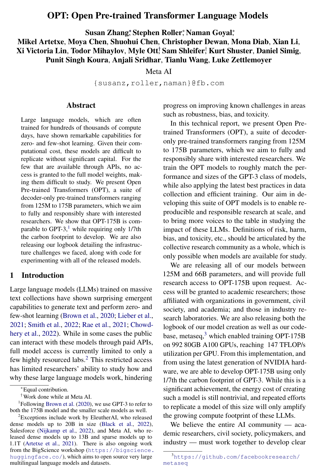 Cover for OPT: Open Pre-trained Transformer Language Models