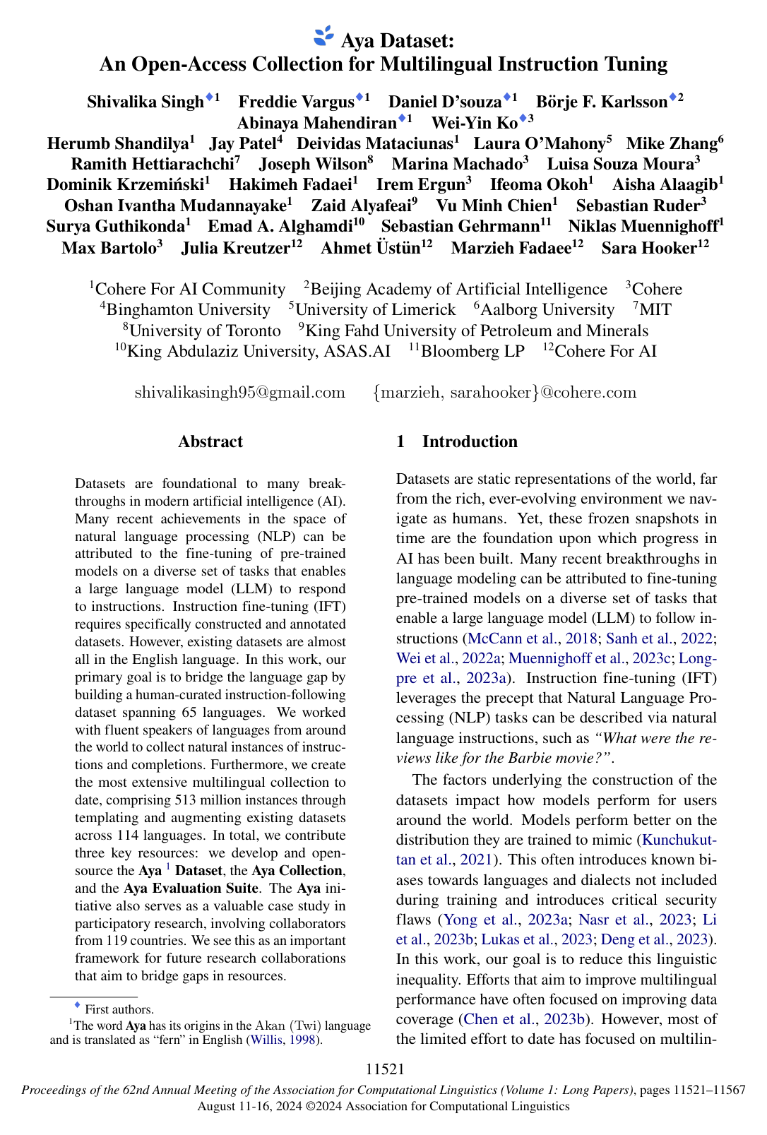Cover for Aya Dataset: An Open-Access Collection for Multilingual Instruction Tuning