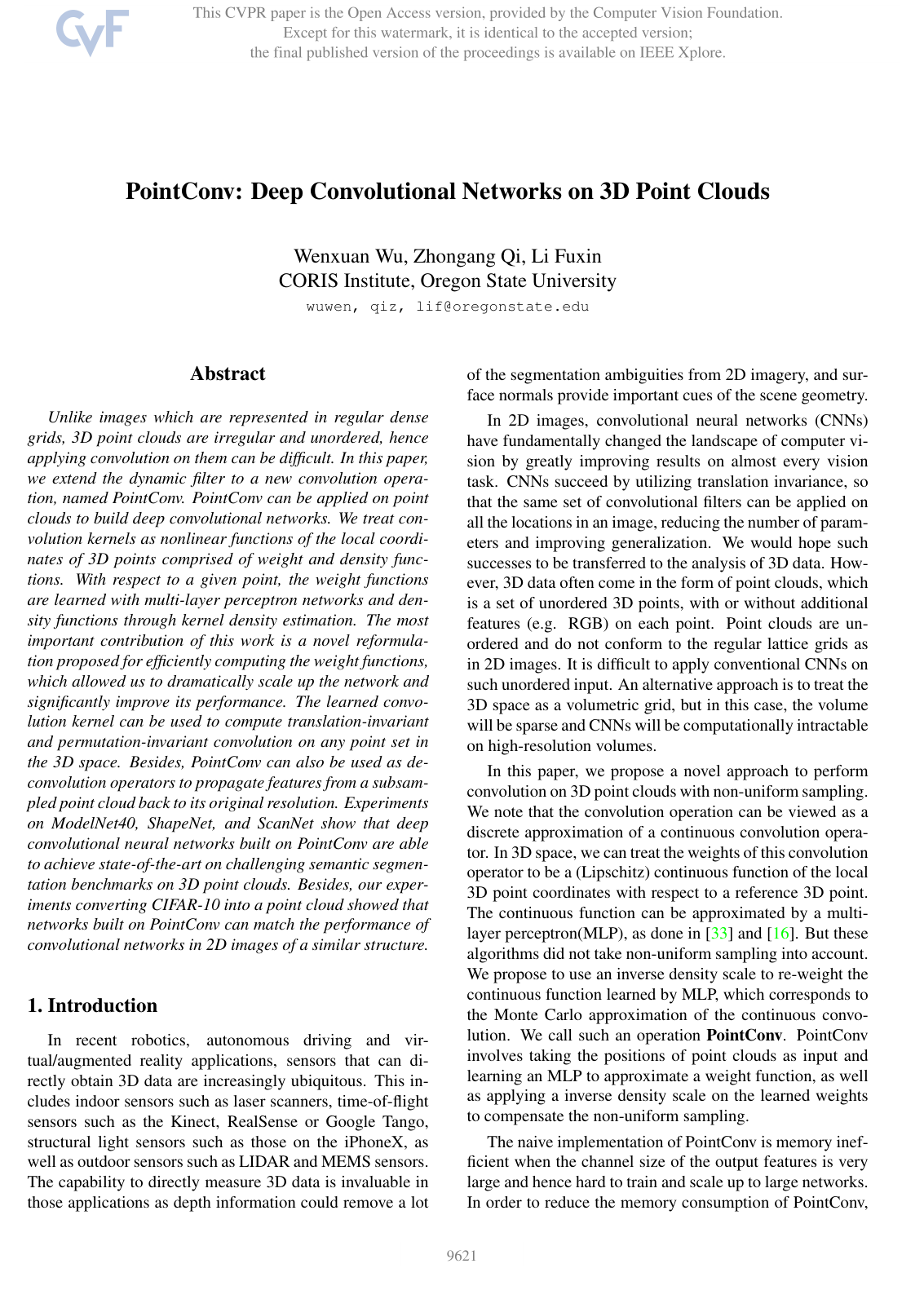 Cover for PointConv: Deep Convolutional Networks on 3D Point Clouds