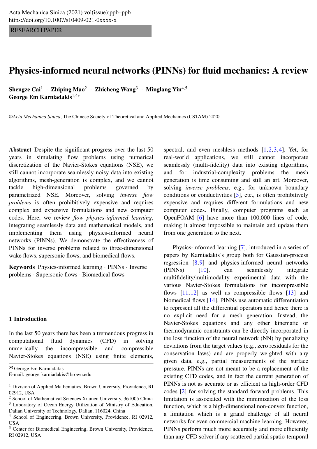 Cover for Physics-informed neural networks (PINNs) for fluid mechanics: a review