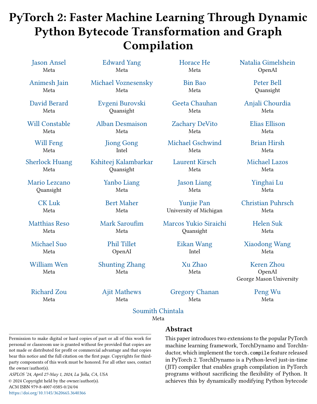 Cover for PyTorch 2: Faster Machine Learning Through Dynamic Python Bytecode Transformation and Graph Compilation