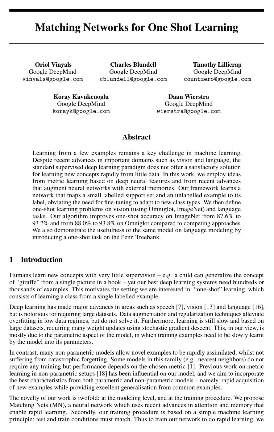 Matching Networks for One Shot Learning