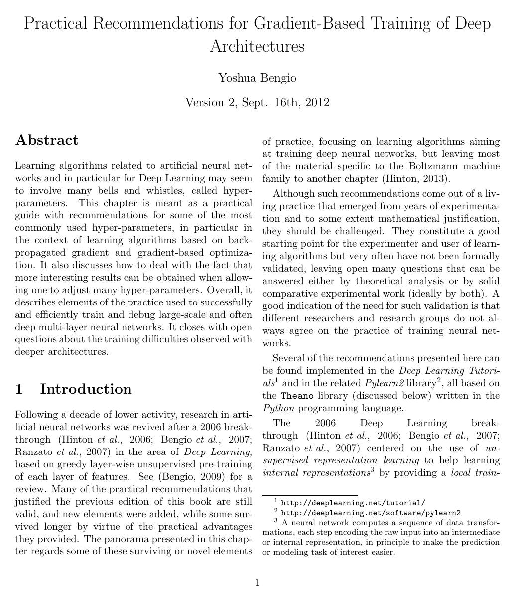 Cover for Practical Recommendations for Gradient-Based Training of Deep Architectures