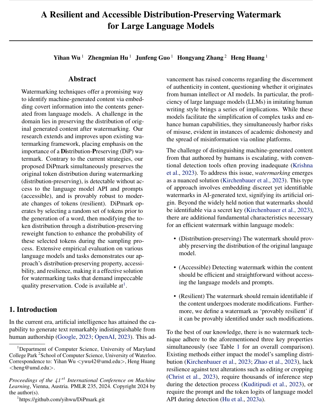 A Resilient and Accessible Distribution-Preserving Watermark for Large Language Models