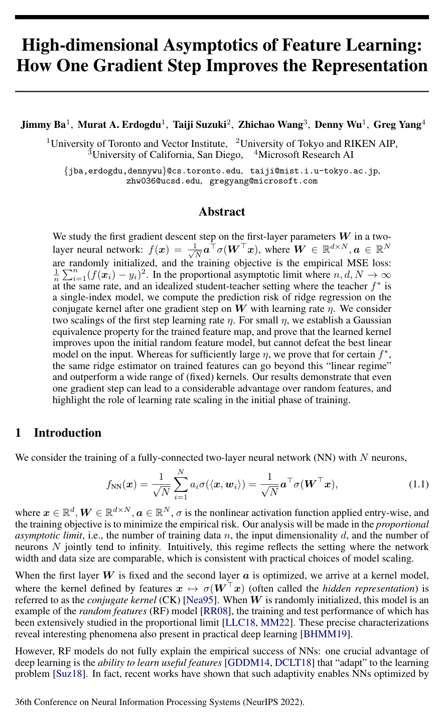 Cover for High-dimensional Asymptotics of Feature Learning: How One Gradient Step Improves the Representation