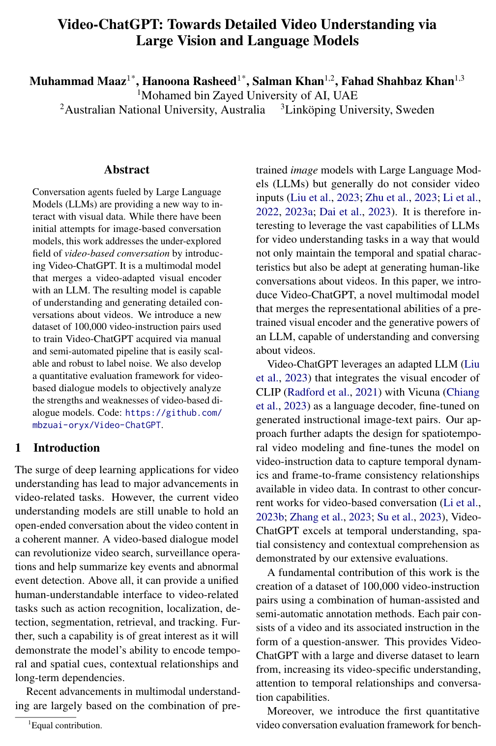 Video-ChatGPT: Towards Detailed Video Understanding via Large Vision and Language Models