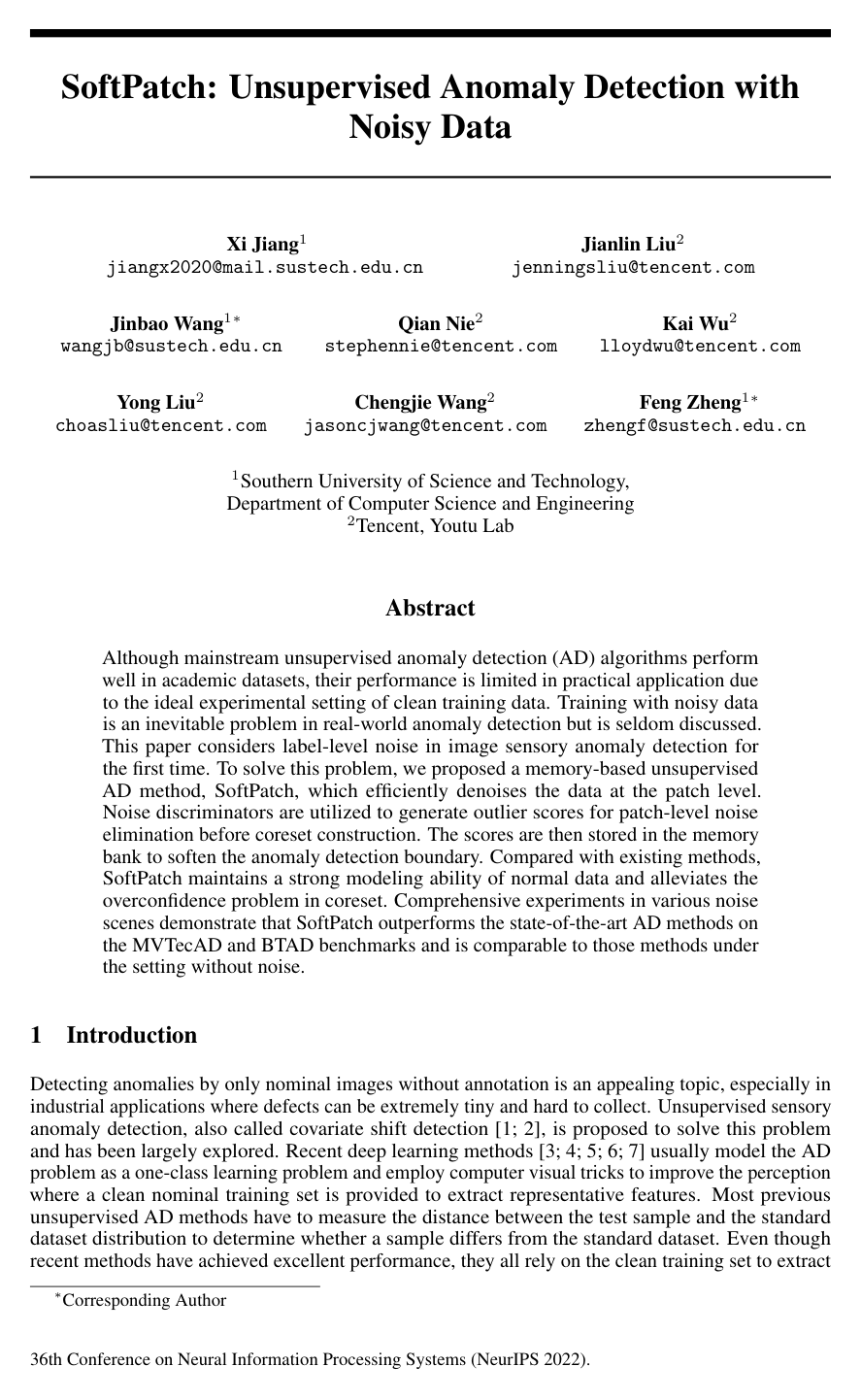 Cover for SoftPatch: Unsupervised Anomaly Detection with Noisy Data