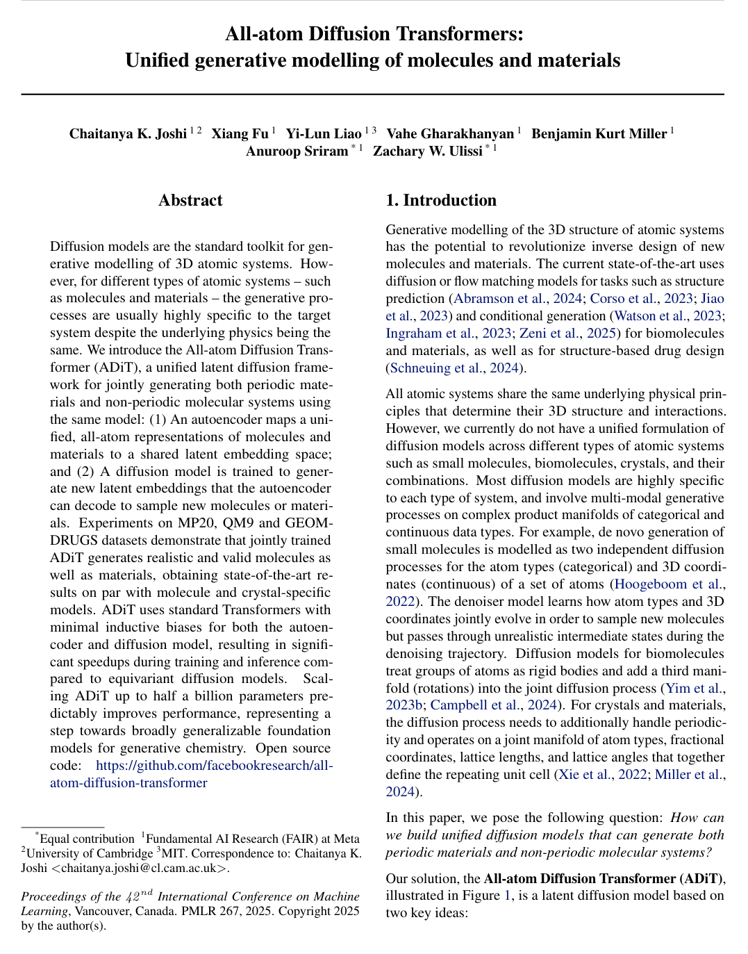 All-atom Diffusion Transformers: Unified generative modelling of molecules and materials