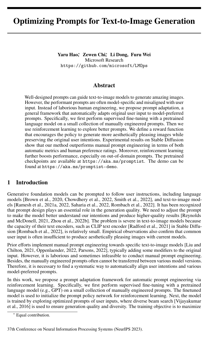 Cover for Optimizing Prompts for Text-to-Image Generation