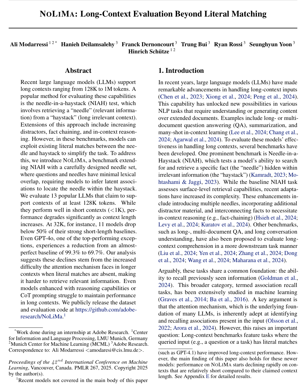 NoLiMa: Long-Context Evaluation Beyond Literal Matching