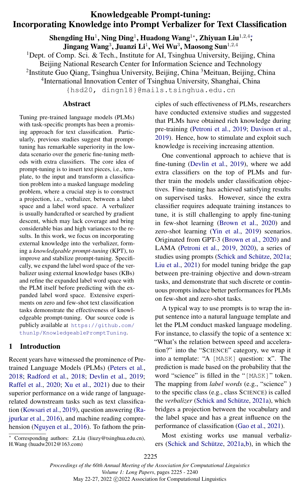 Cover for Knowledgeable Prompt-tuning: Incorporating Knowledge into Prompt Verbalizer for Text Classification