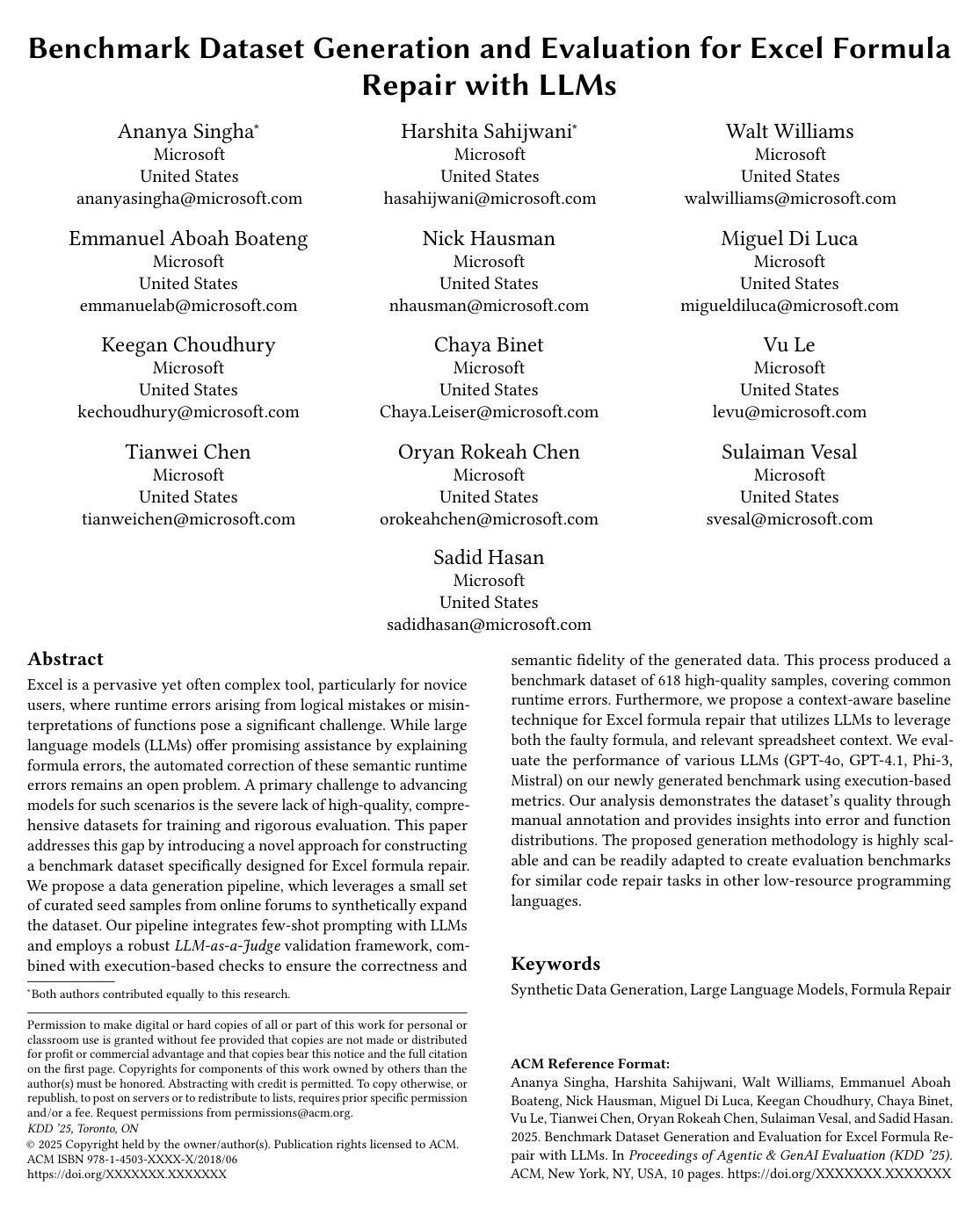 Cover for Benchmark Dataset Generation and Evaluation for Excel Formula Repair with LLMs