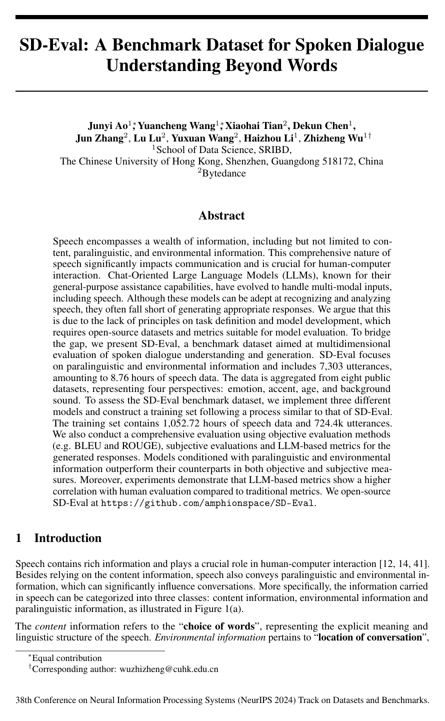Cover for SD-Eval: A Benchmark Dataset for Spoken Dialogue Understanding Beyond Words