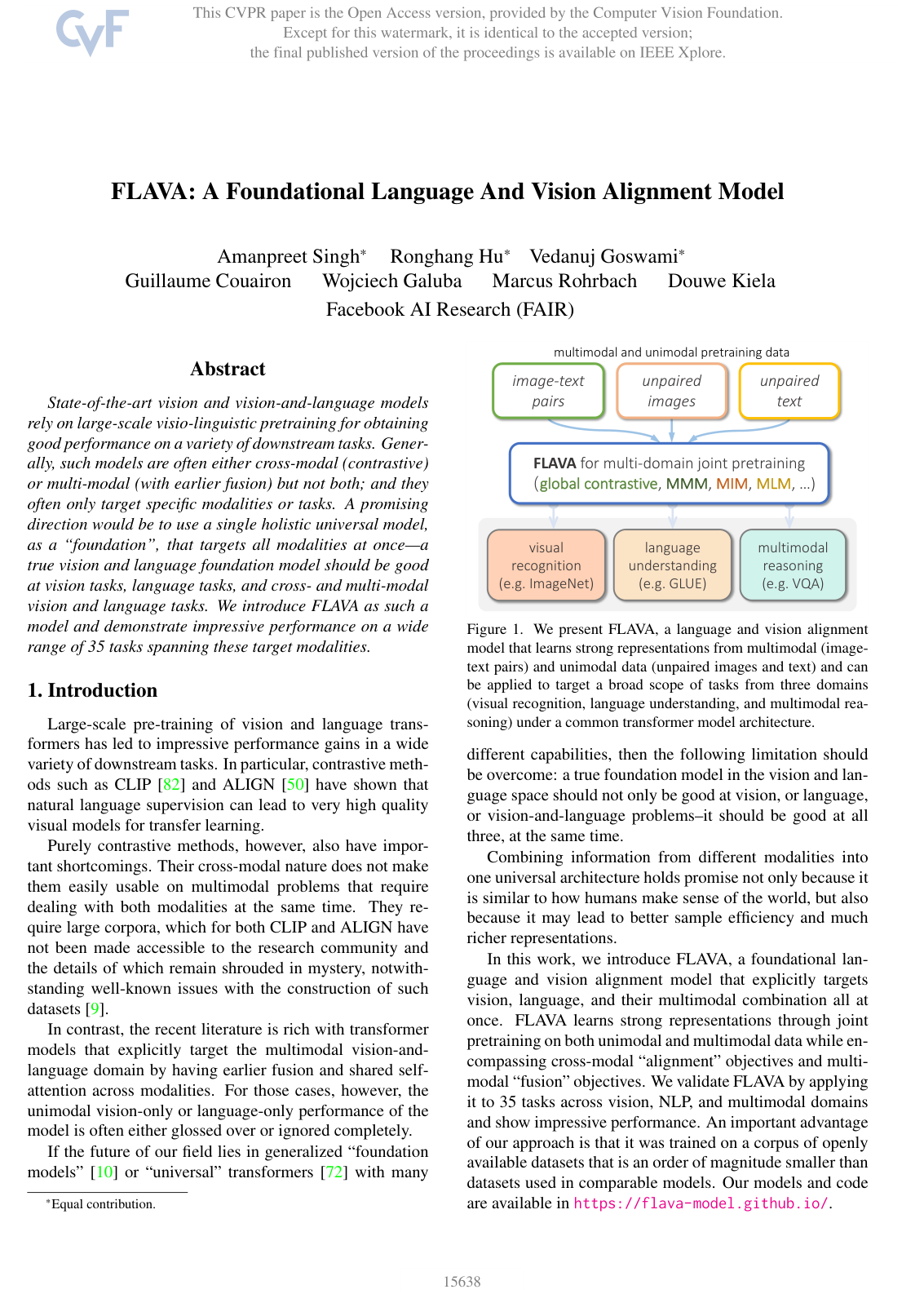 FLAVA: A Foundational Language And Vision Alignment Model