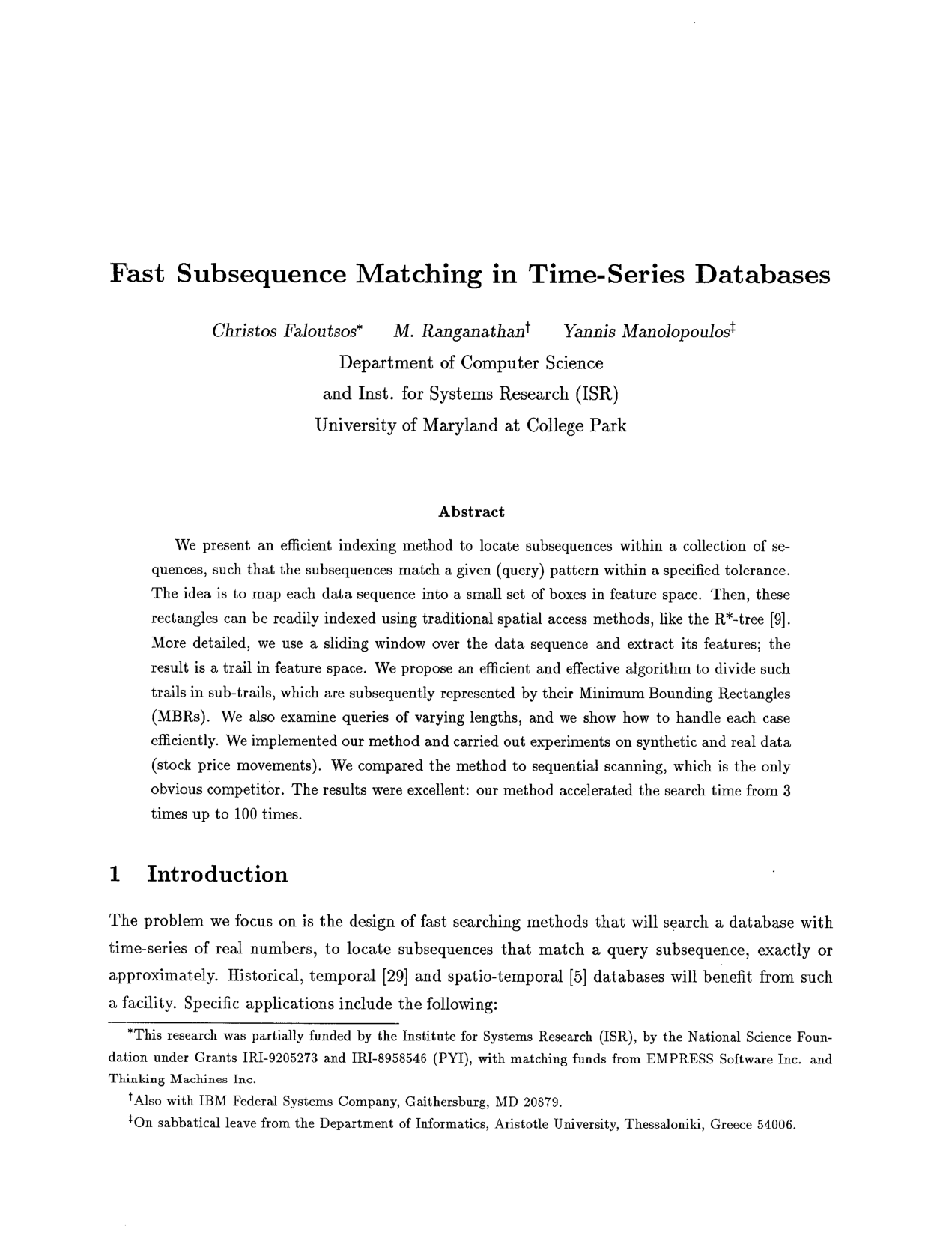 Fast subsequence matching in time-series databases