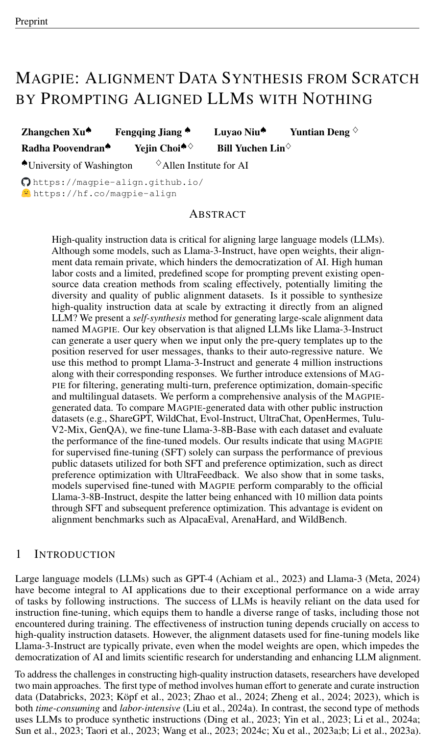 Magpie: Alignment Data Synthesis from Scratch by Prompting Aligned LLMs with Nothing