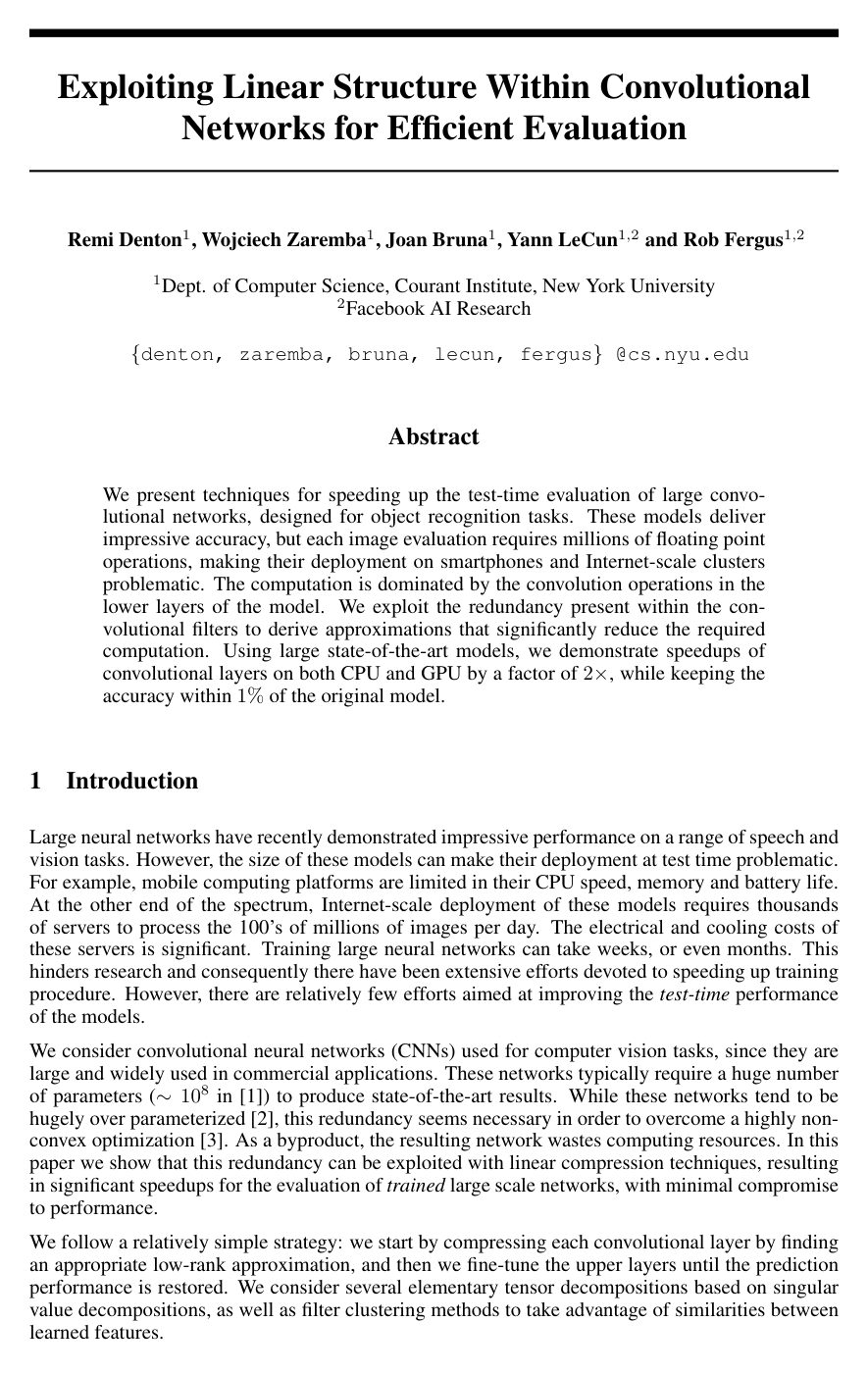 Cover for Exploiting Linear Structure Within Convolutional Networks for Efficient Evaluation