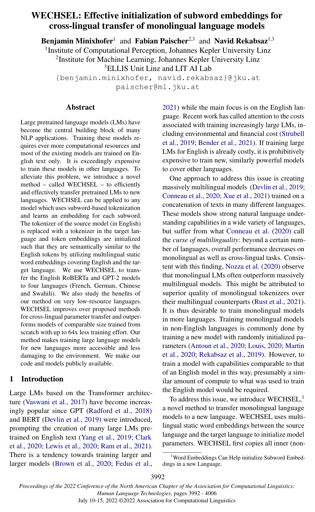 WECHSEL: Effective initialization of subword embeddings for cross-lingual transfer of monolingual language models