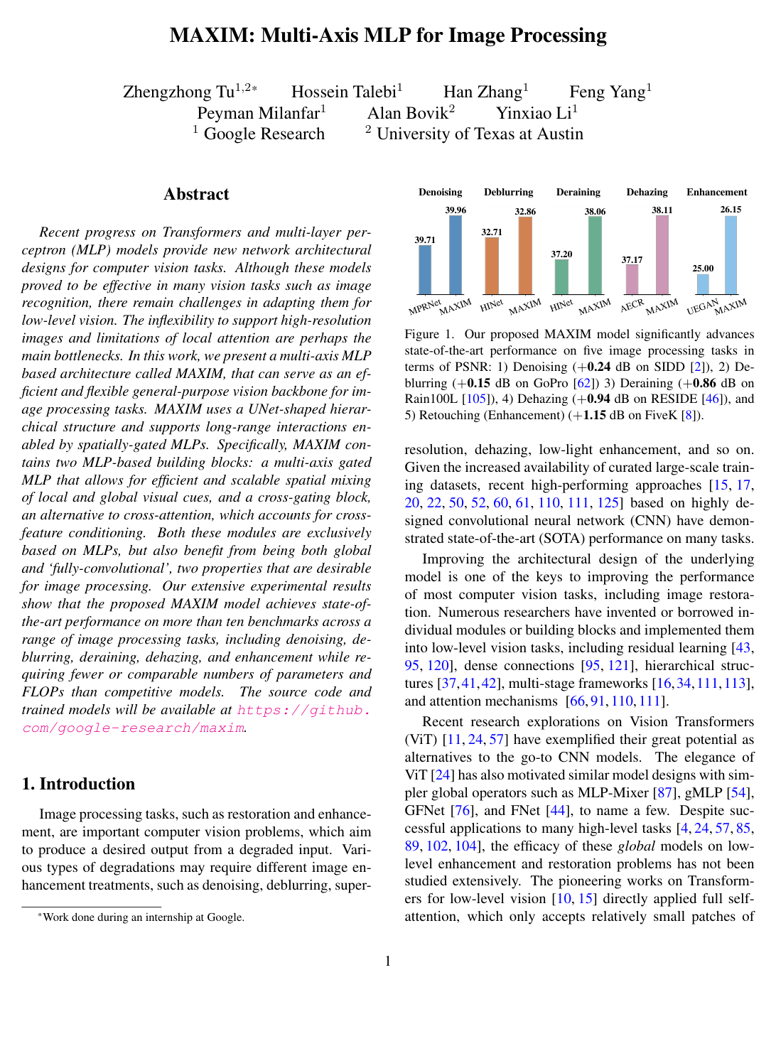 MAXIM: Multi-Axis MLP for Image Processing