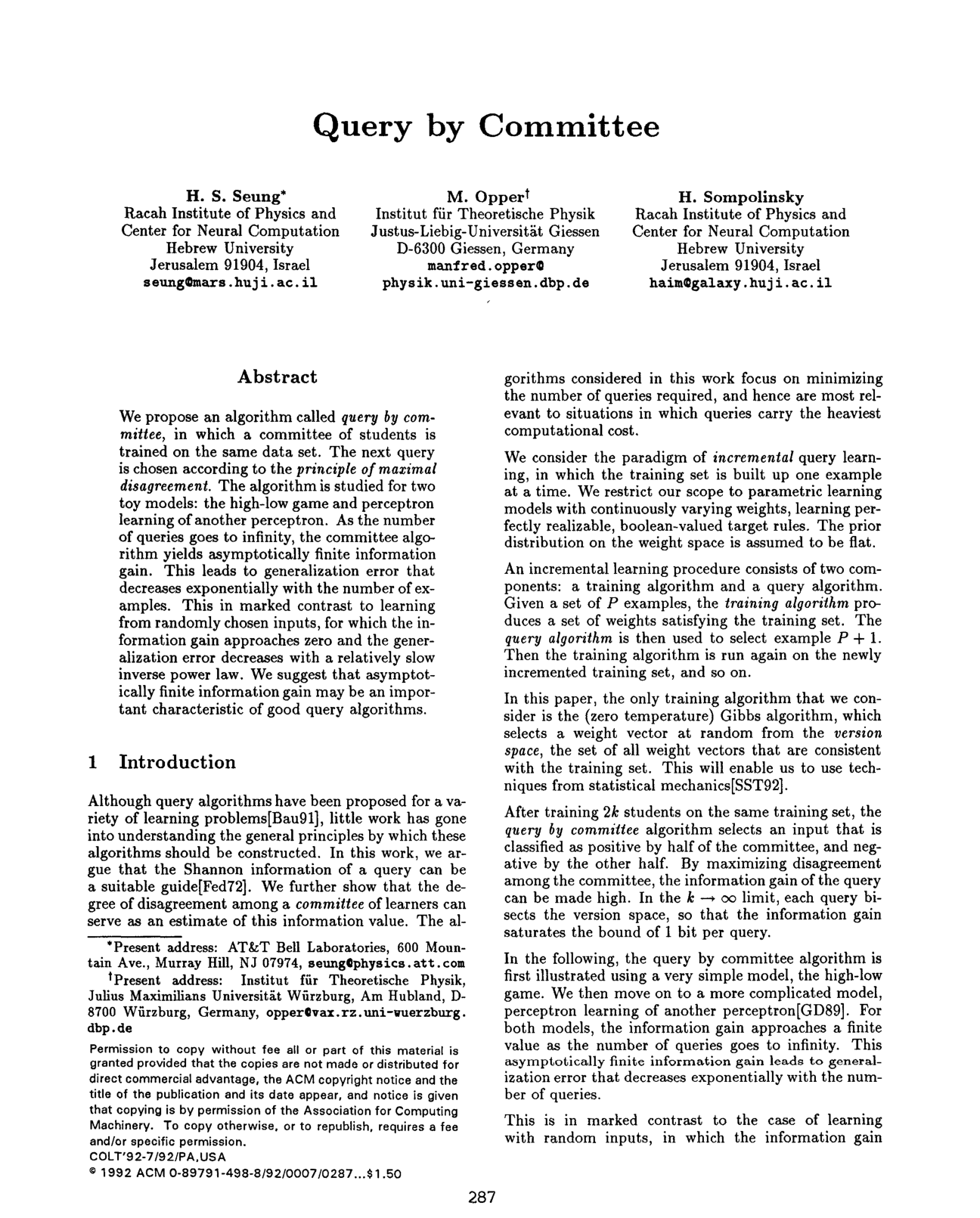 Cover for Query by committee