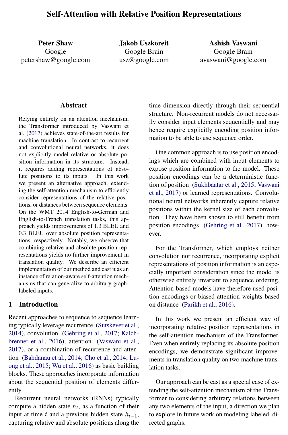 Self-Attention with Relative Position Representations