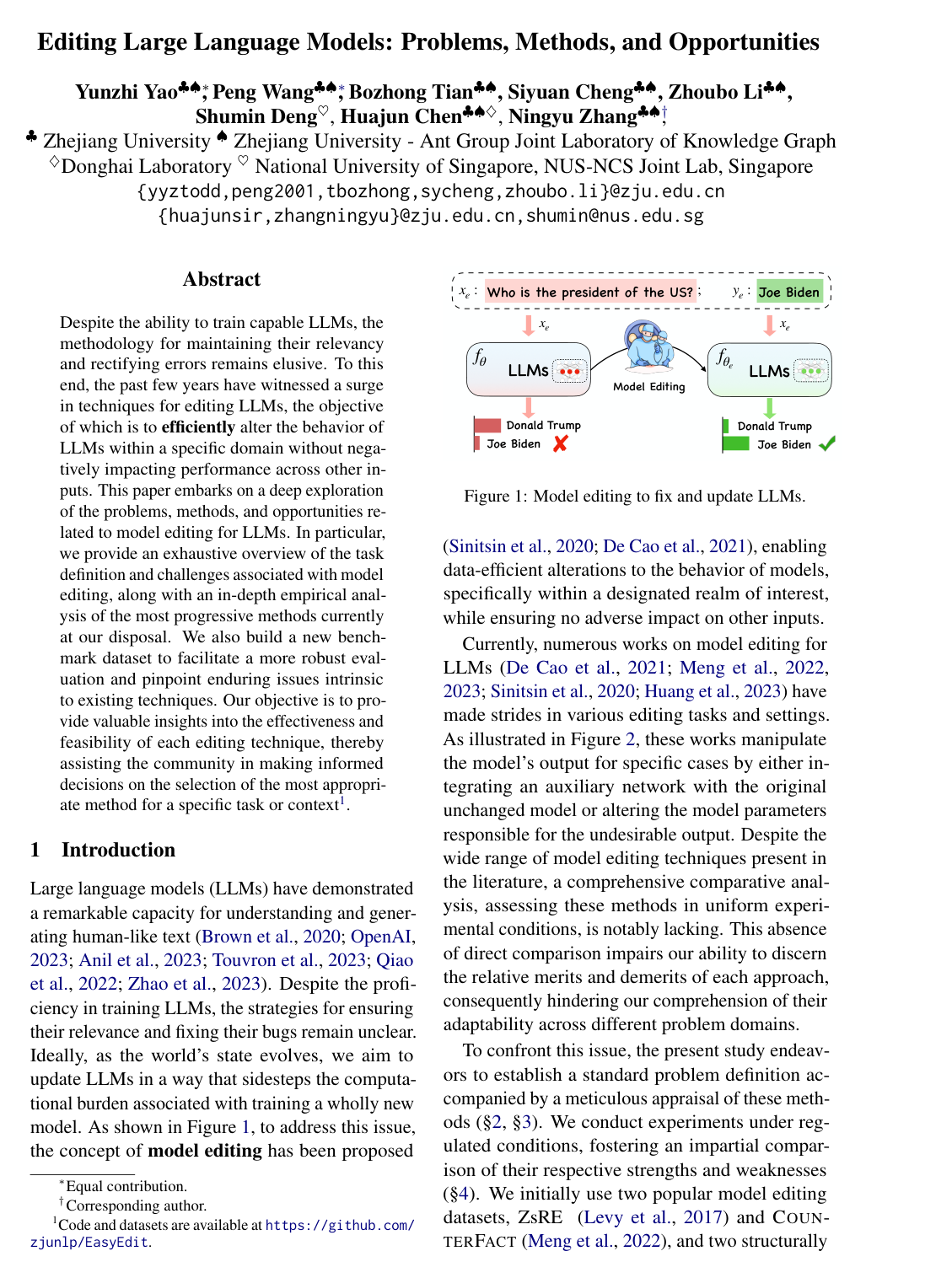 Editing Large Language Models: Problems, Methods, and Opportunities