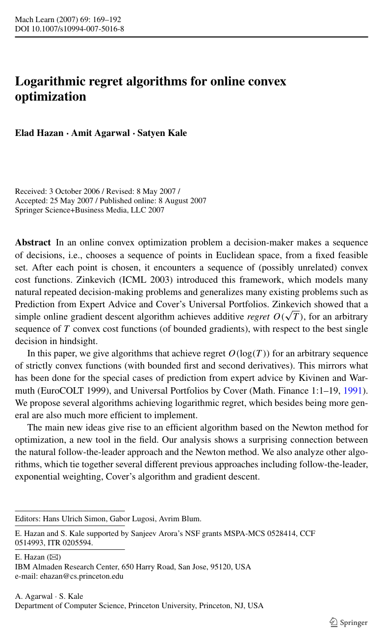 Logarithmic regret algorithms for online convex optimization