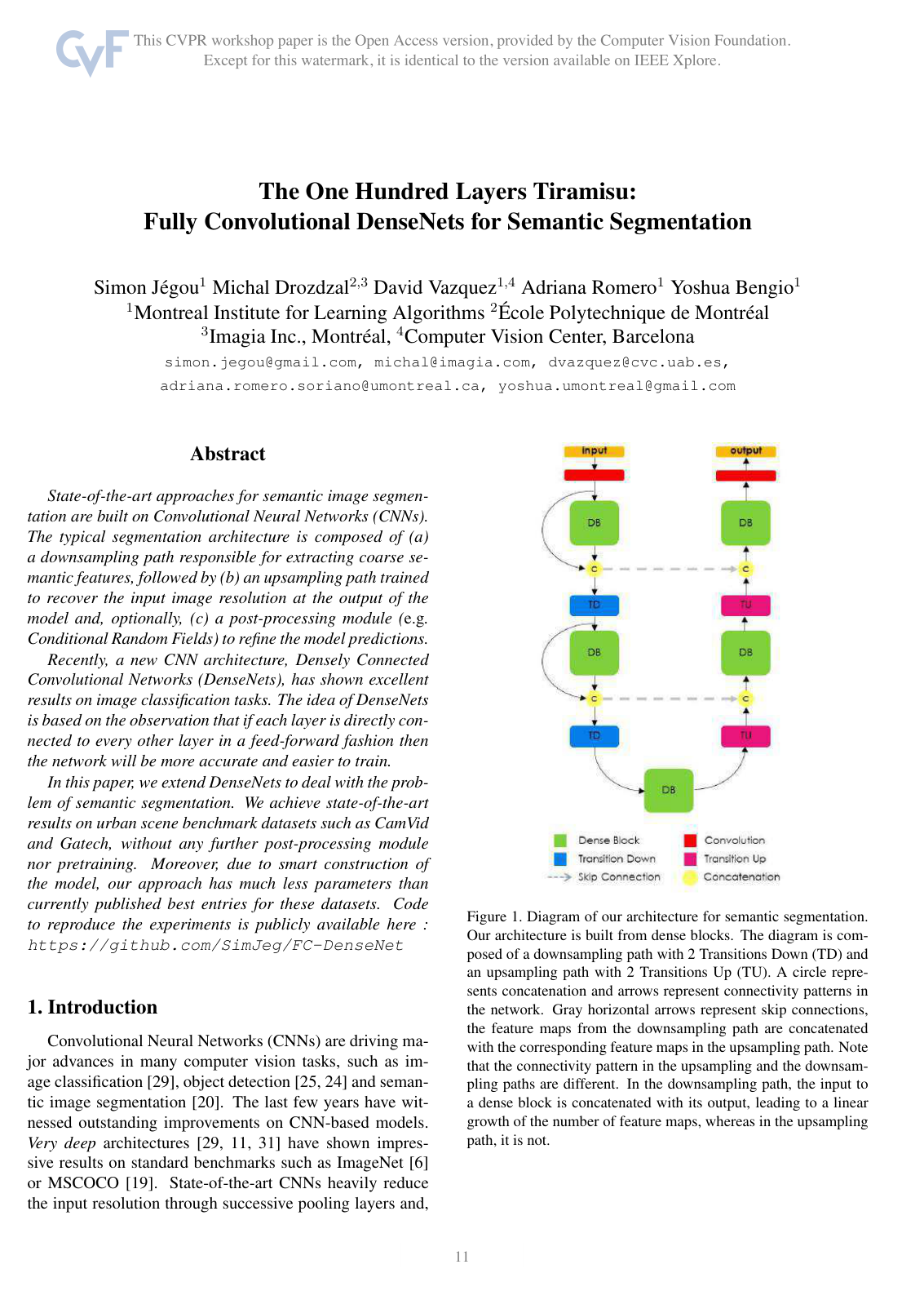 The One Hundred Layers Tiramisu: Fully Convolutional DenseNets for Semantic Segmentation