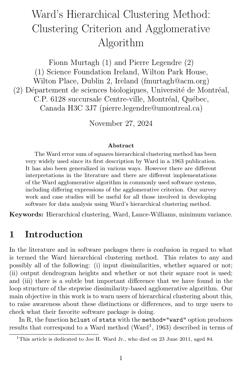 Cover for Ward’s Hierarchical Agglomerative Clustering Method: Which Algorithms Implement Ward’s Criterion?