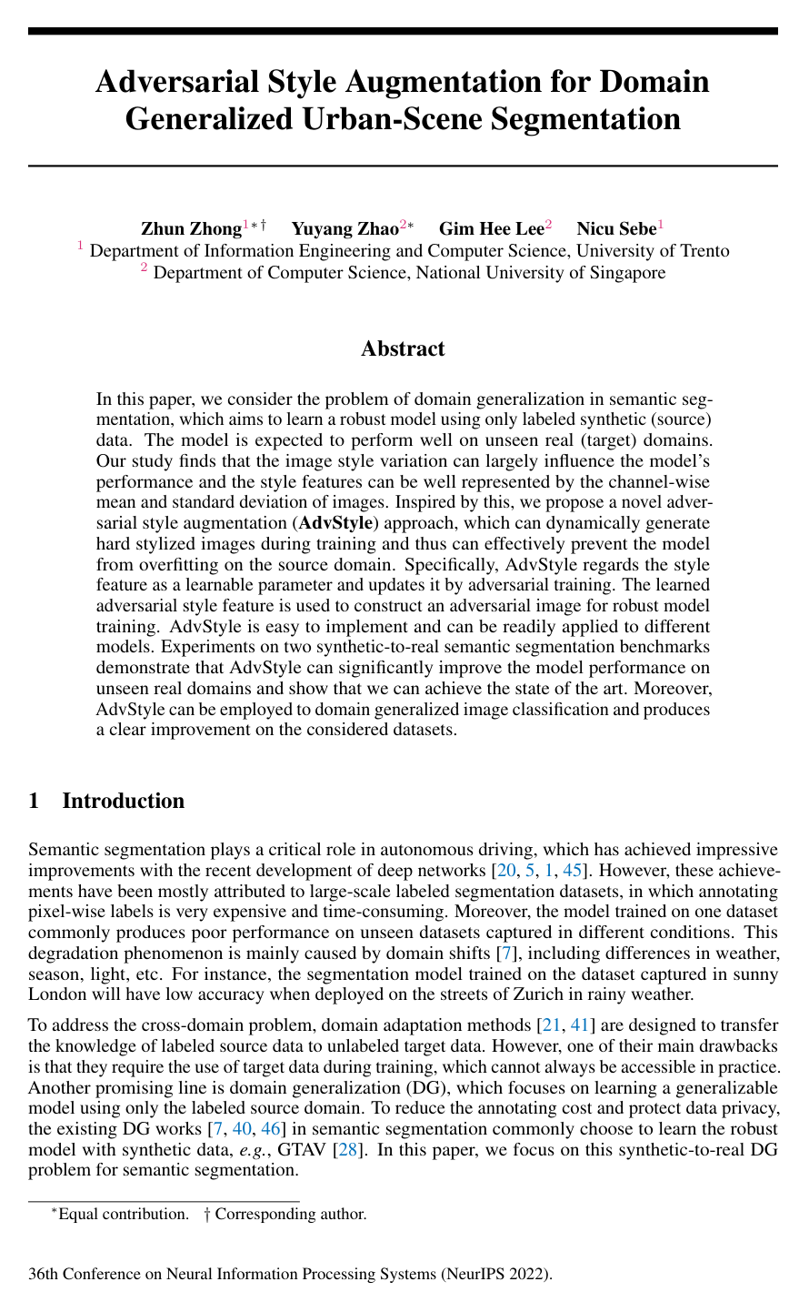 Cover for Adversarial Style Augmentation for Domain Generalized Urban-Scene Segmentation
