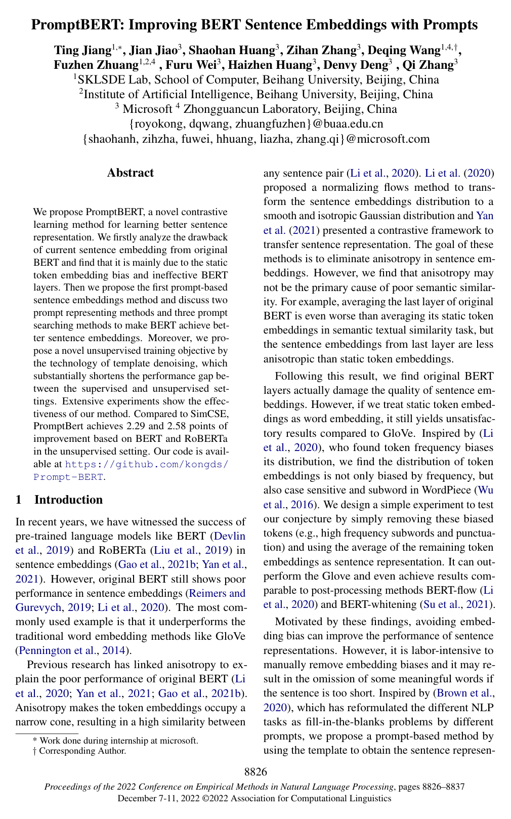PromptBERT: Improving BERT Sentence Embeddings with Prompts