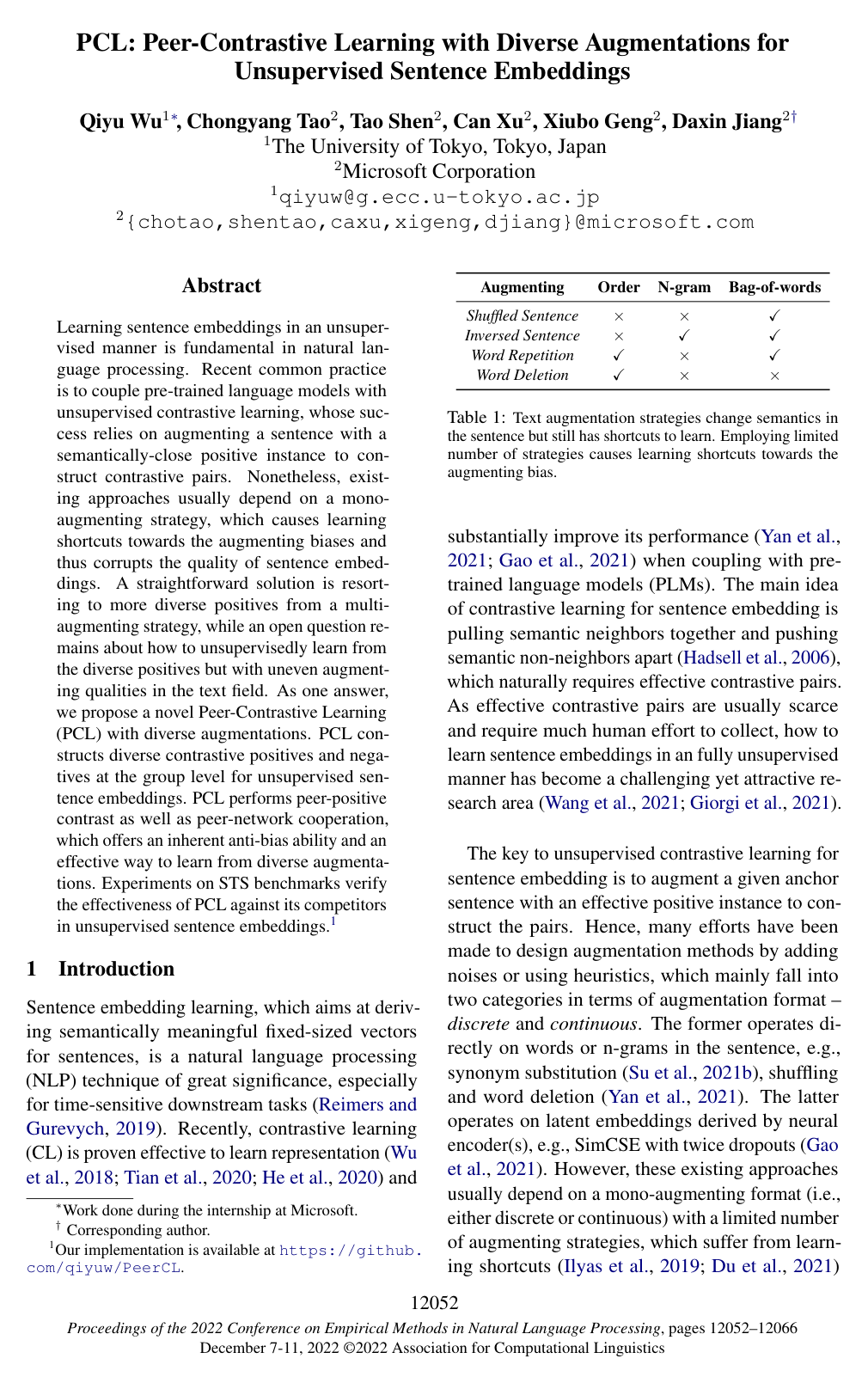 PCL: Peer-Contrastive Learning with Diverse Augmentations for Unsupervised Sentence Embeddings