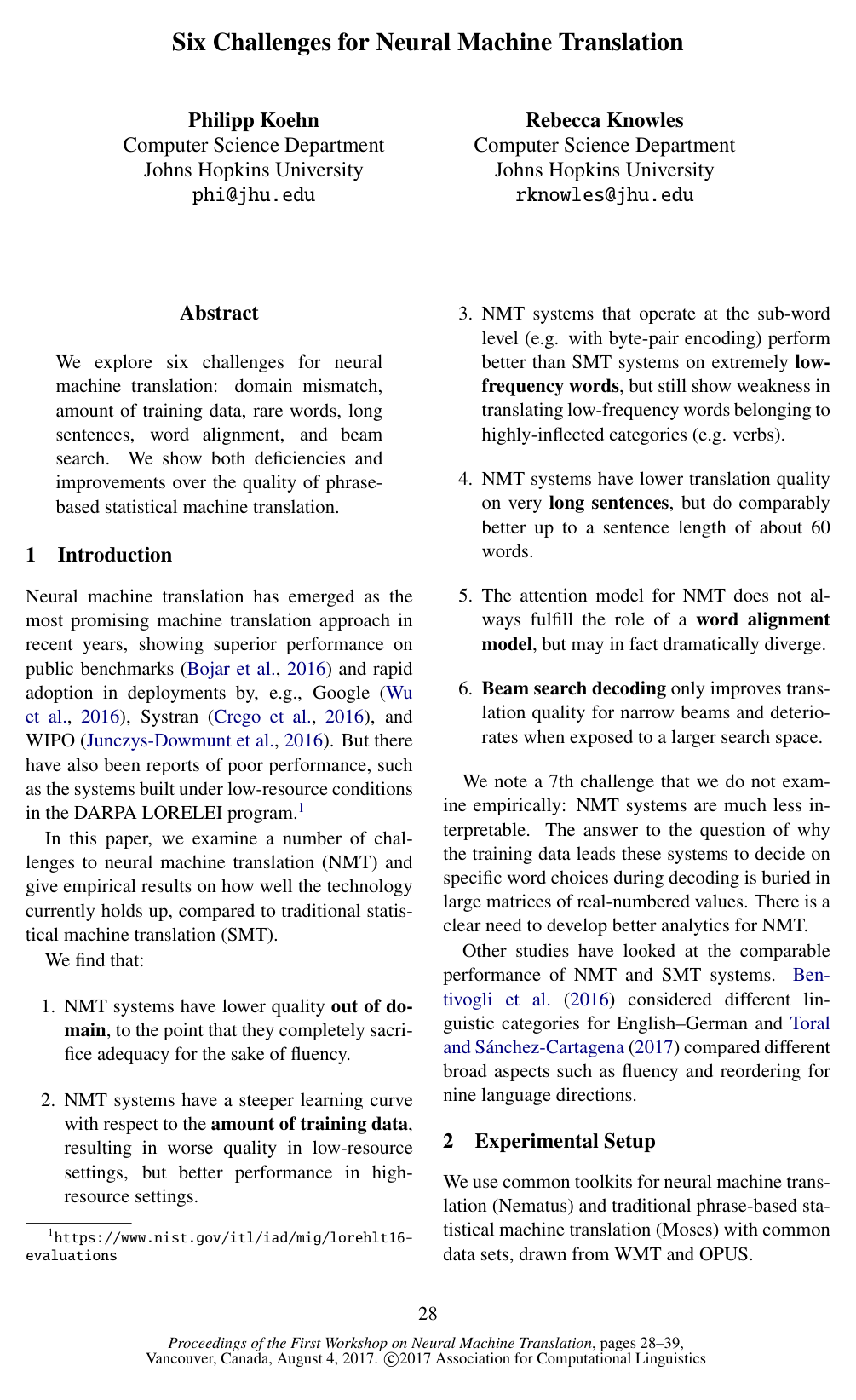 Six Challenges for Neural Machine Translation
