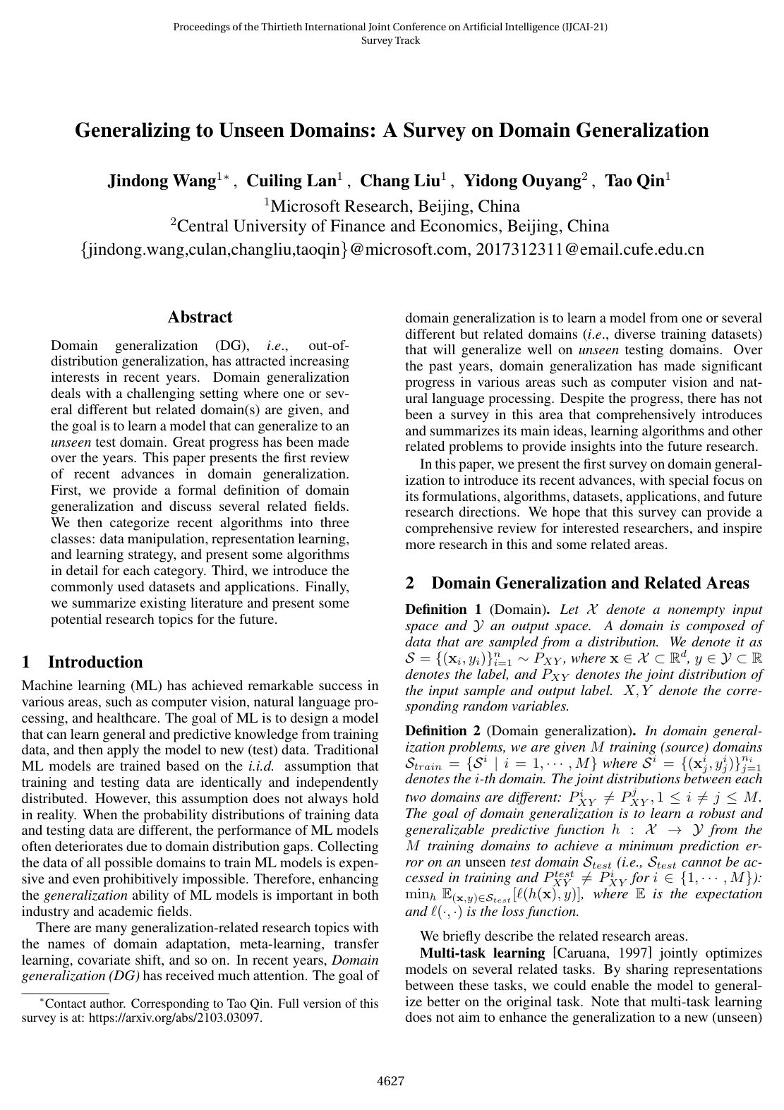 Cover for Generalizing to Unseen Domains: A Survey on Domain Generalization
