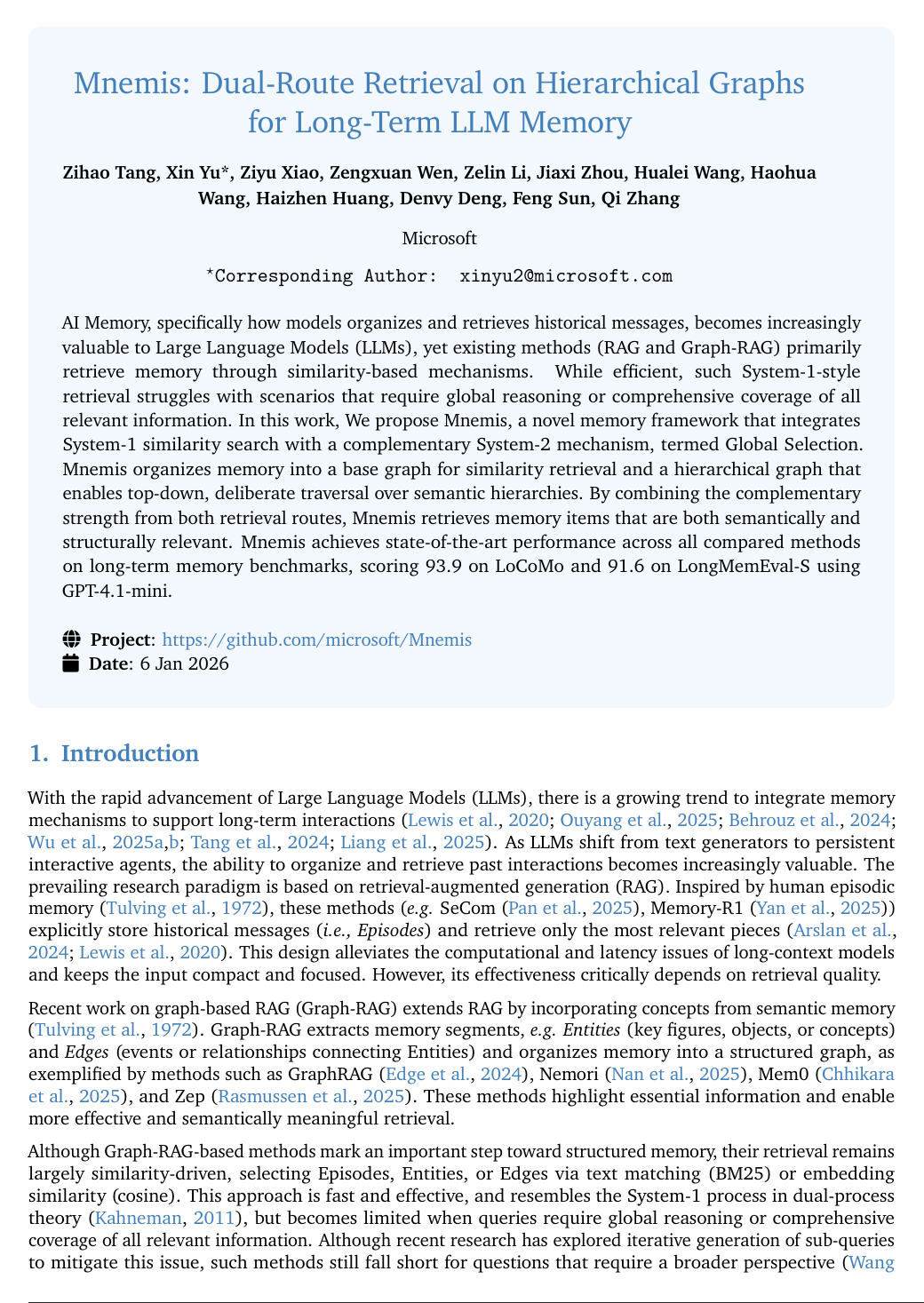 Cover for Mnemis: Dual-Route Retrieval on Hierarchical Graphs for Long-Term LLM Memory