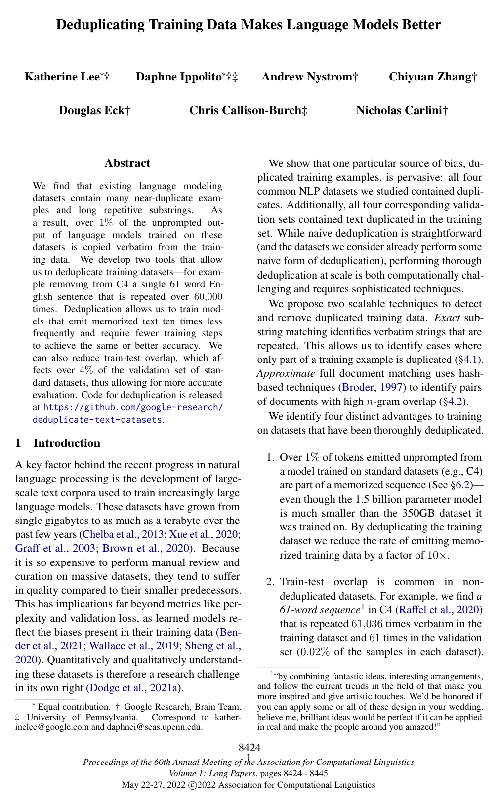 Cover for Deduplicating Training Data Makes Language Models Better
