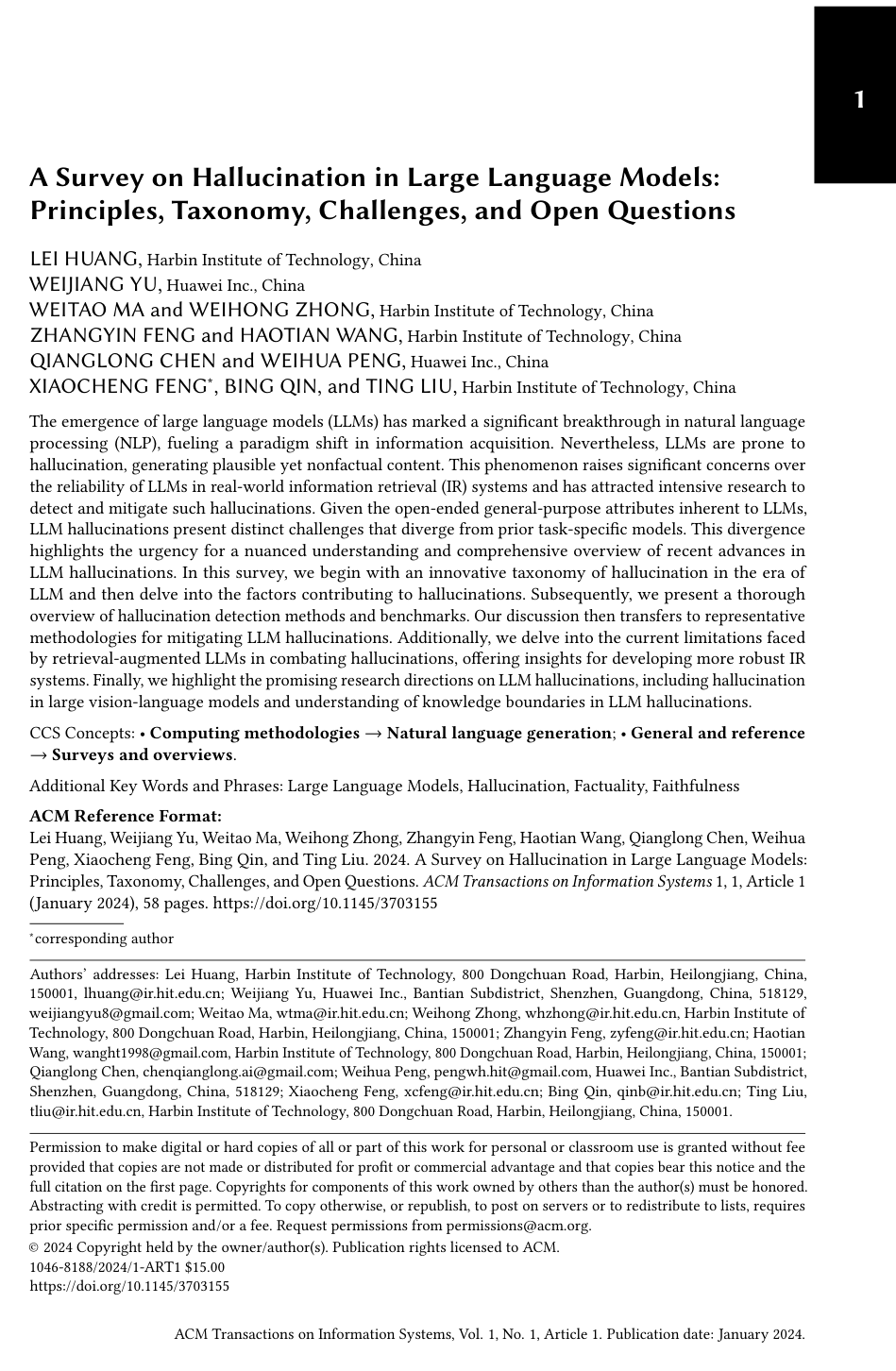 Cover for A Survey on Hallucination in Large Language Models: Principles, Taxonomy, Challenges, and Open Questions