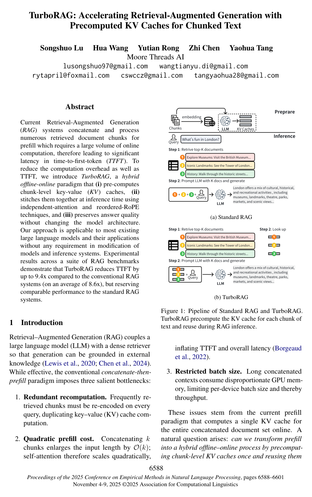 TurboRAG: Accelerating Retrieval-Augmented Generation with Precomputed KV Caches for Chunked Text