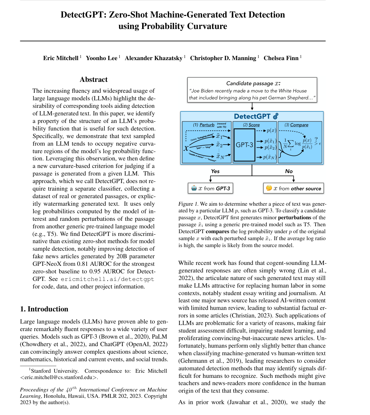 Cover for DetectGPT: Zero-Shot Machine-Generated Text Detection using Probability Curvature