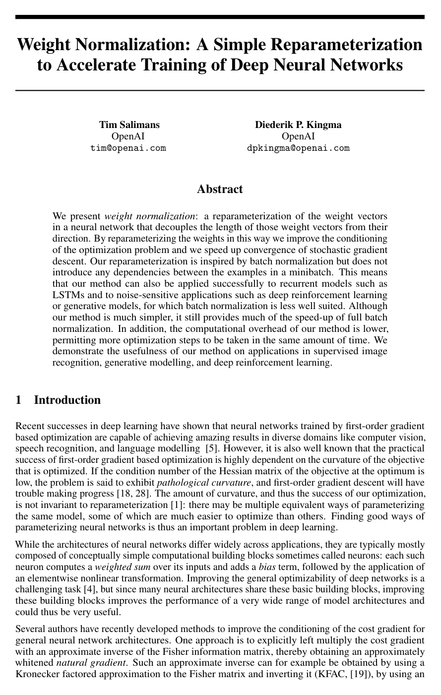 Weight Normalization: A Simple Reparameterization to Accelerate Training of Deep Neural Networks