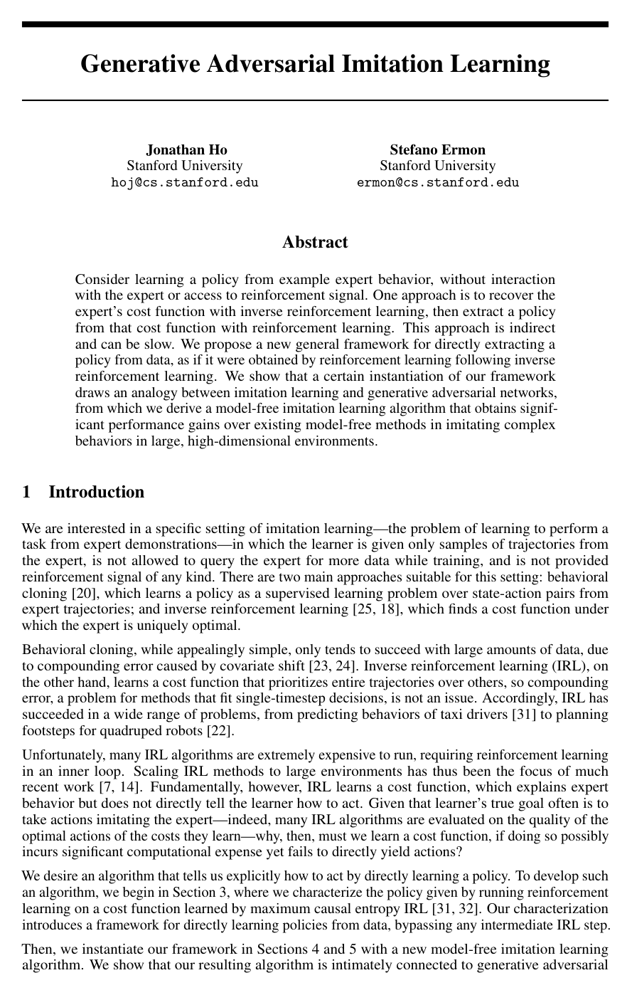 Cover for Generative Adversarial Imitation Learning
