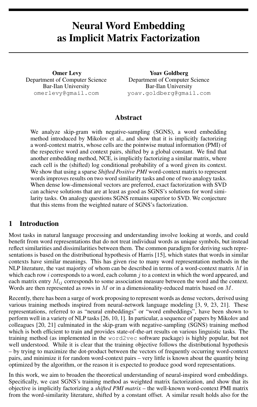 Neural Word Embedding as Implicit Matrix Factorization