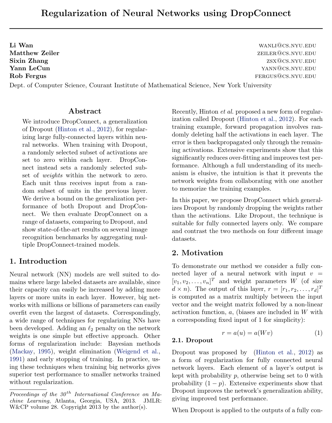Cover for Regularization of Neural Networks using DropConnect