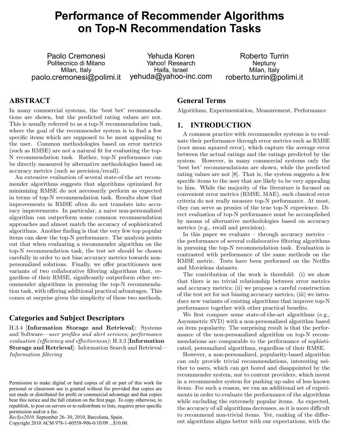 Performance of recommender algorithms on top-n recommendation tasks