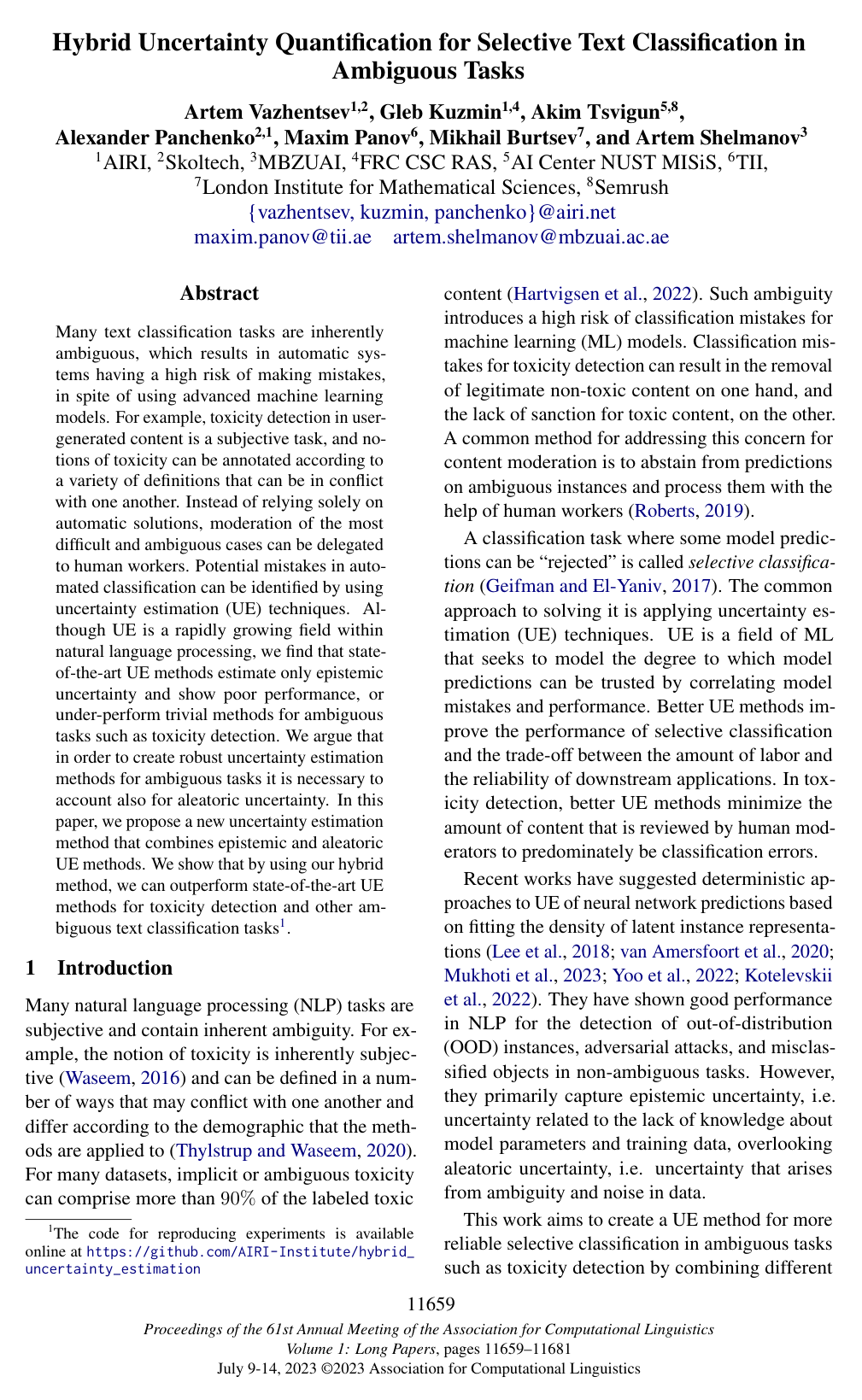 Hybrid Uncertainty Quantification for Selective Text Classification in Ambiguous Tasks
