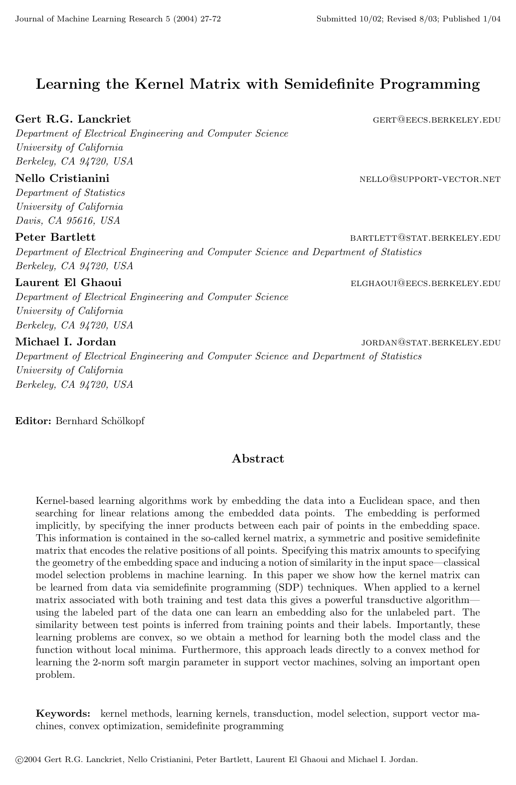 Learning the Kernel Matrix with Semidefinite Programming