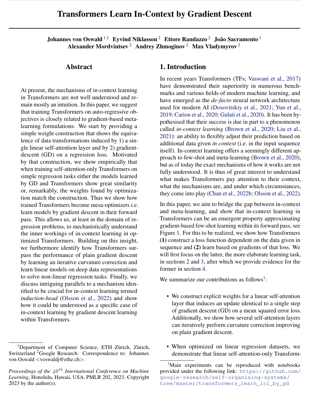 Transformers Learn In-Context by Gradient Descent